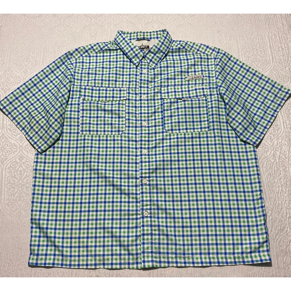 Habit Mens 2XL Gingham Fishing Shirt Green Blue UPF 40 Short Sleeve Vented
